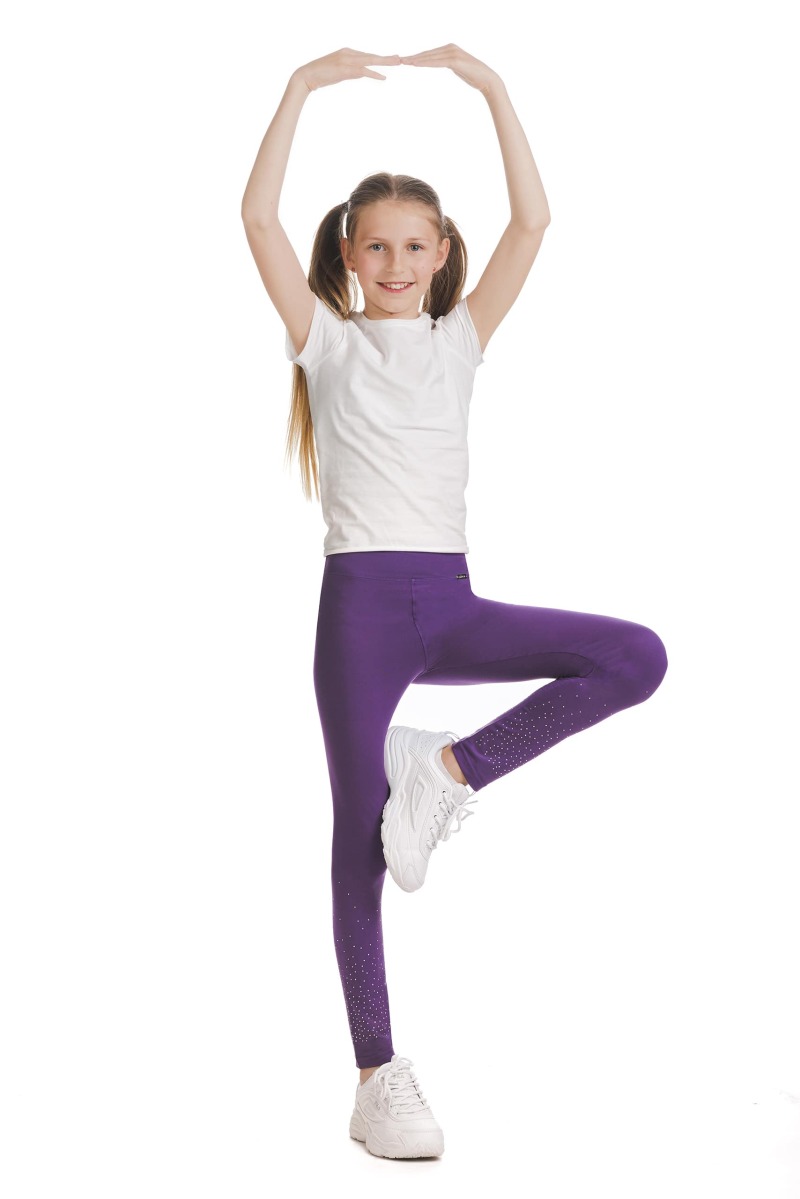 Vijolične dolge kids pajkice Narela s svetlečimi detajli v obliki pik na spodnjem delu hlačnic