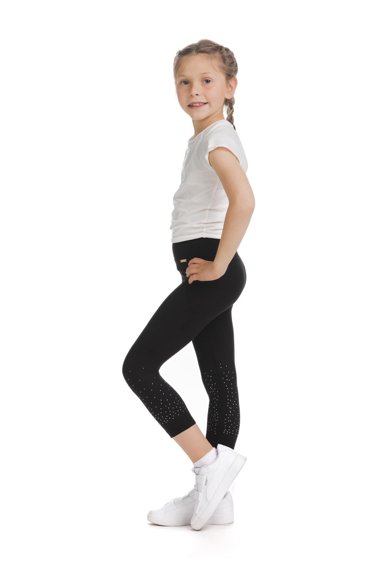 Črne capri kids pajkice Amada s svetlečimi detajli v obliki pik na spodnjem delu hlačnic