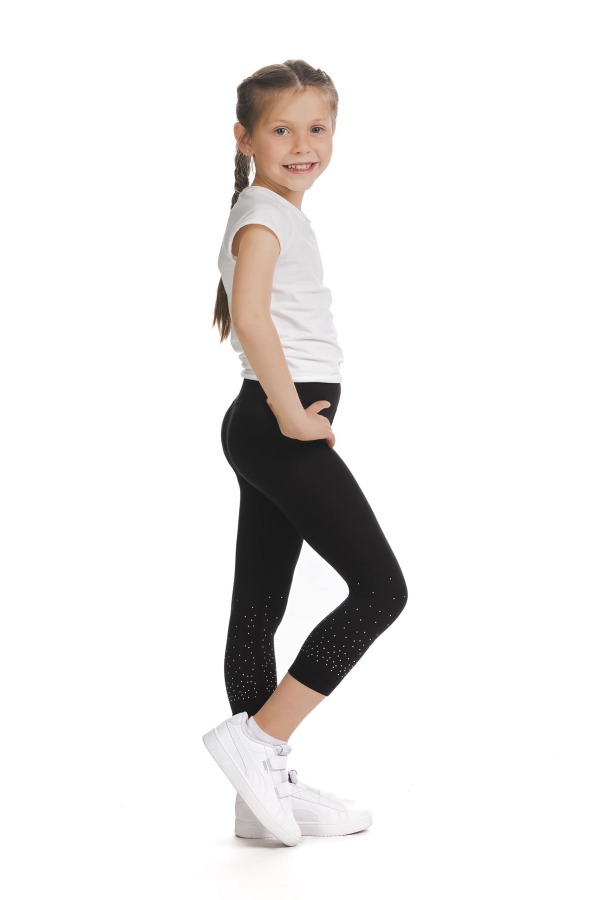 Črne capri kids pajkice Amada s svetlečimi detajli v obliki pik na spodnjem delu hlačnic