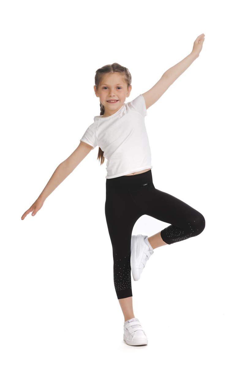 Črne capri kids pajkice Amada s svetlečimi detajli v obliki pik na spodnjem delu hlačnic