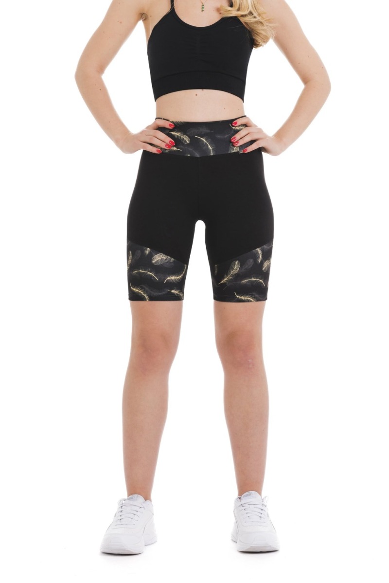 Črne kratke pajkice Luce z vzorcem zlatih peres na dnu hlačnic in na pasu