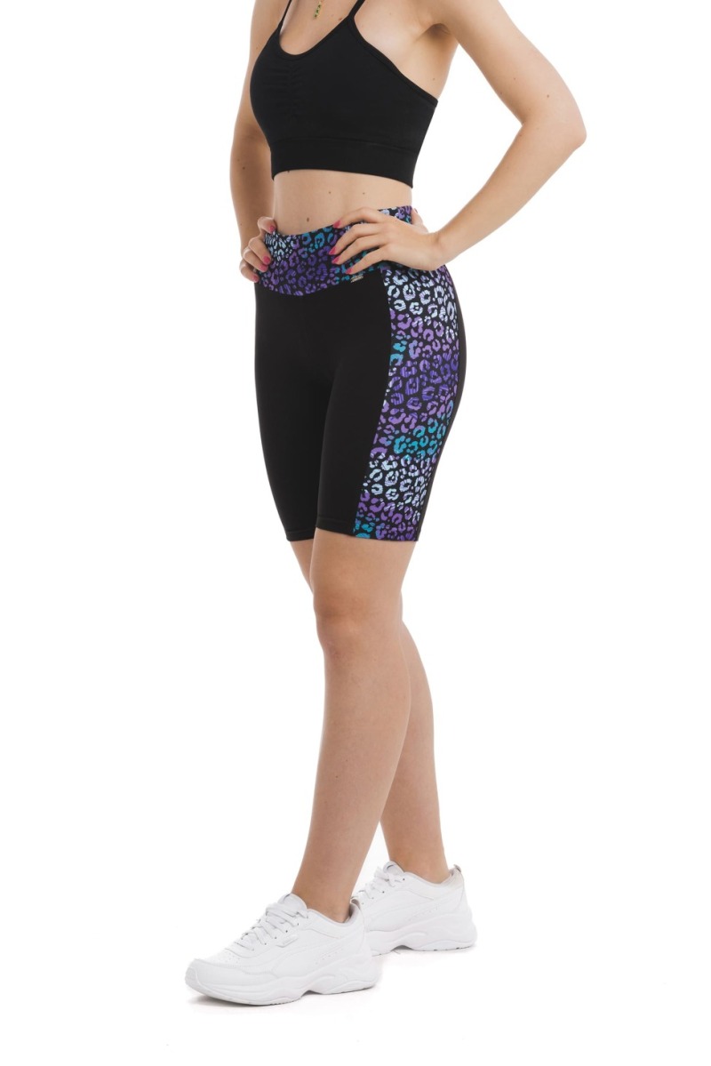 Črne kratke pajkice Nuvola z leopardjim vzorcem vijolične in modre barve ob straneh hlačnic in na pasu