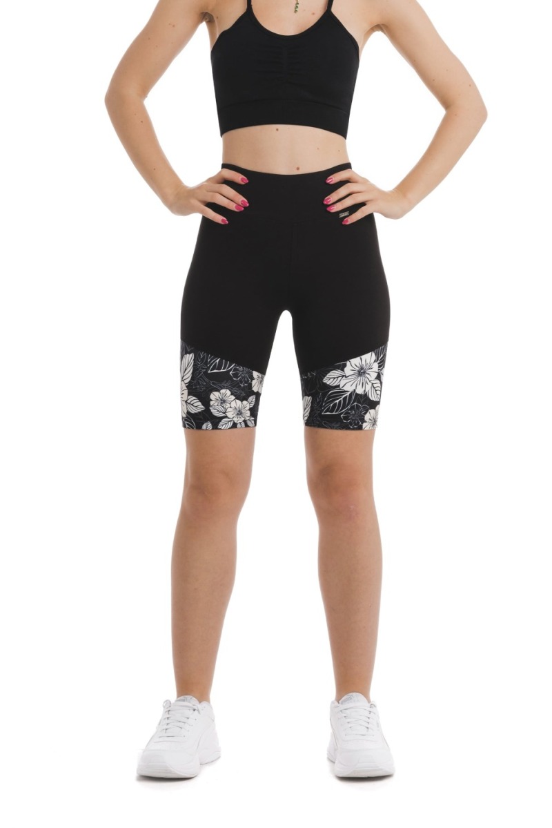 Črne kratke pajkice Tesoro z vzorcem belih in črnih rož na dnu hlačnic