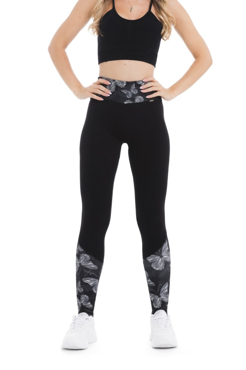 Črne dolge pajkice Farfalla z visokim pasom in vzorcem metuljev na pasu ter spodnjem delu hlačnic
