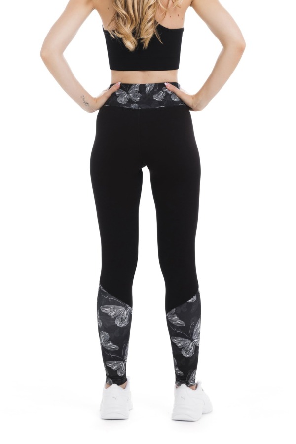 Črne dolge pajkice Farfalla z visokim pasom in vzorcem metuljev na pasu ter spodnjem delu hlačnic Črne dolge pajkice Farfalla z visokim pasom in vzorcem metuljev na pasu ter spodnjem delu hlačnic