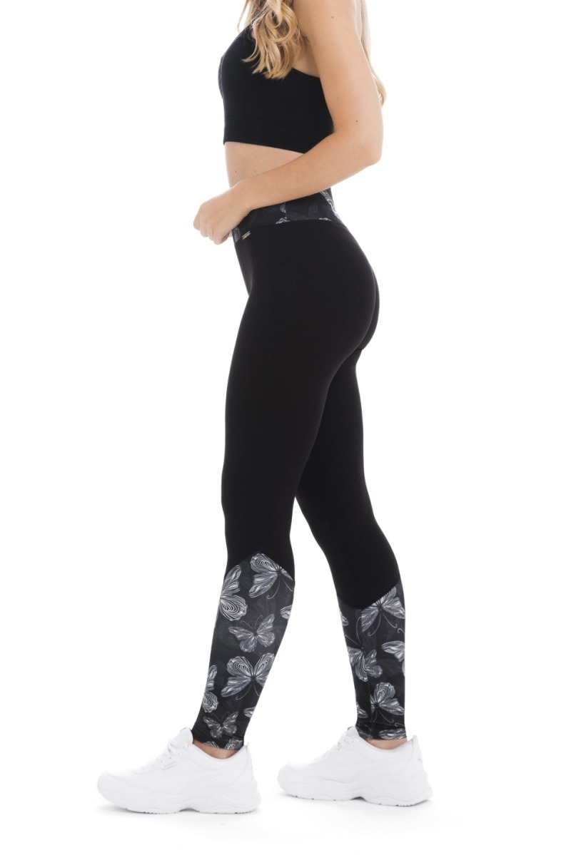 Črne dolge pajkice Farfalla z visokim pasom in vzorcem metuljev na pasu ter spodnjem delu hlačnic