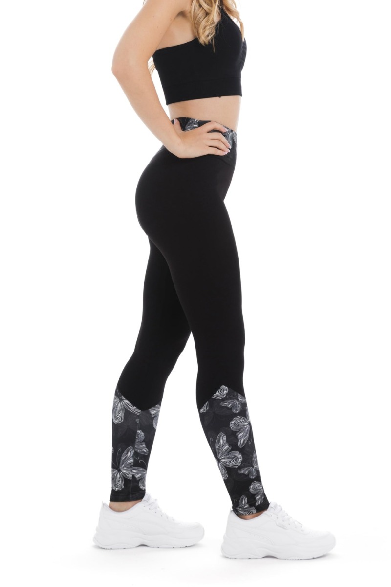 Črne dolge pajkice Farfalla z visokim pasom in vzorcem metuljev na pasu ter spodnjem delu hlačnic