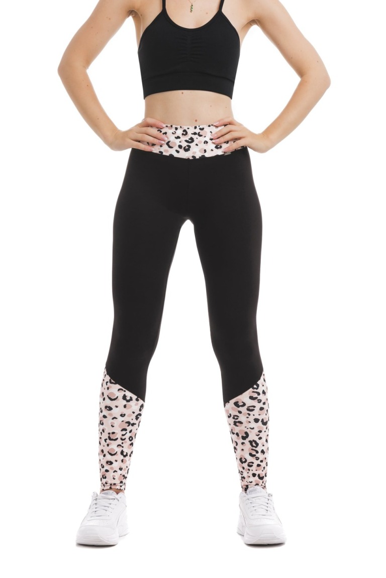 Črne dolge pajkice Gemma z leopard vzorcem na nežno roza podlagi na dnu hlačnic in na pasu
