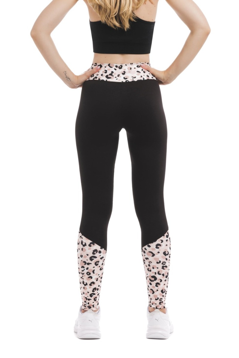 Črne dolge pajkice Gemma z leopard vzorcem na nežno roza podlagi na dnu hlačnic in na pasu