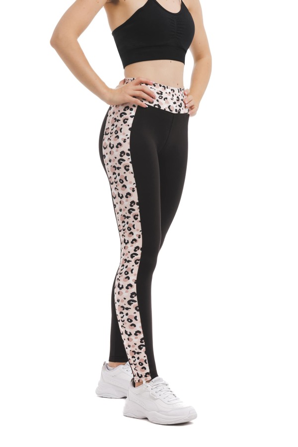 Črne dolge pajkice Liberta z leopard vzorcem na nežno roza podlagi ob strani hlačnic in na pasu