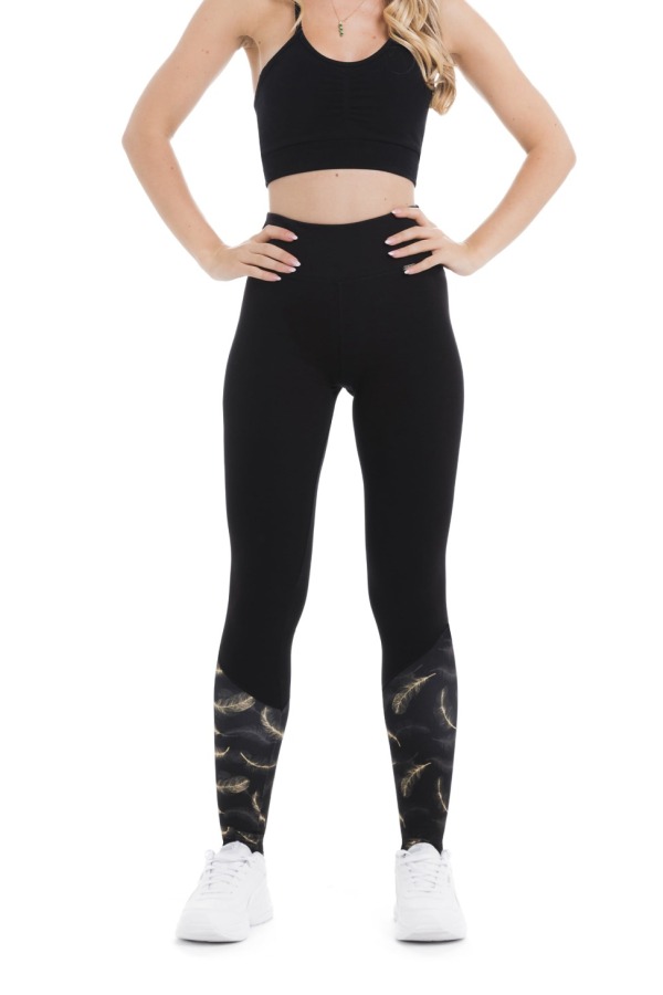 Črne dolge pajkice Luce z vzorcem zlatih peres na dnu hlačnic in na pasu Črne dolge pajkice Luce z vzorcem zlatih peres na dnu hlačnic in na pasu