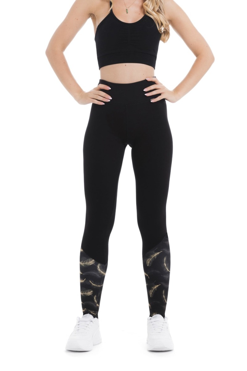 Črne dolge pajkice Luce z vzorcem zlatih peres na dnu hlačnic in na pasu