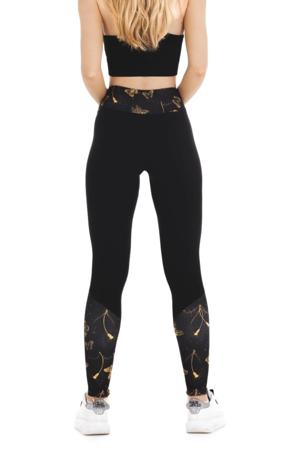 Črne dolge pajkice Pluma z zlatim vzorčkom metuljčkov na dnu hlačnic in na pasu za odrasle Črne dolge pajkice Pluma z zlatim vzorčkom metuljčkov na dnu hlačnic in na pasu za odrasle