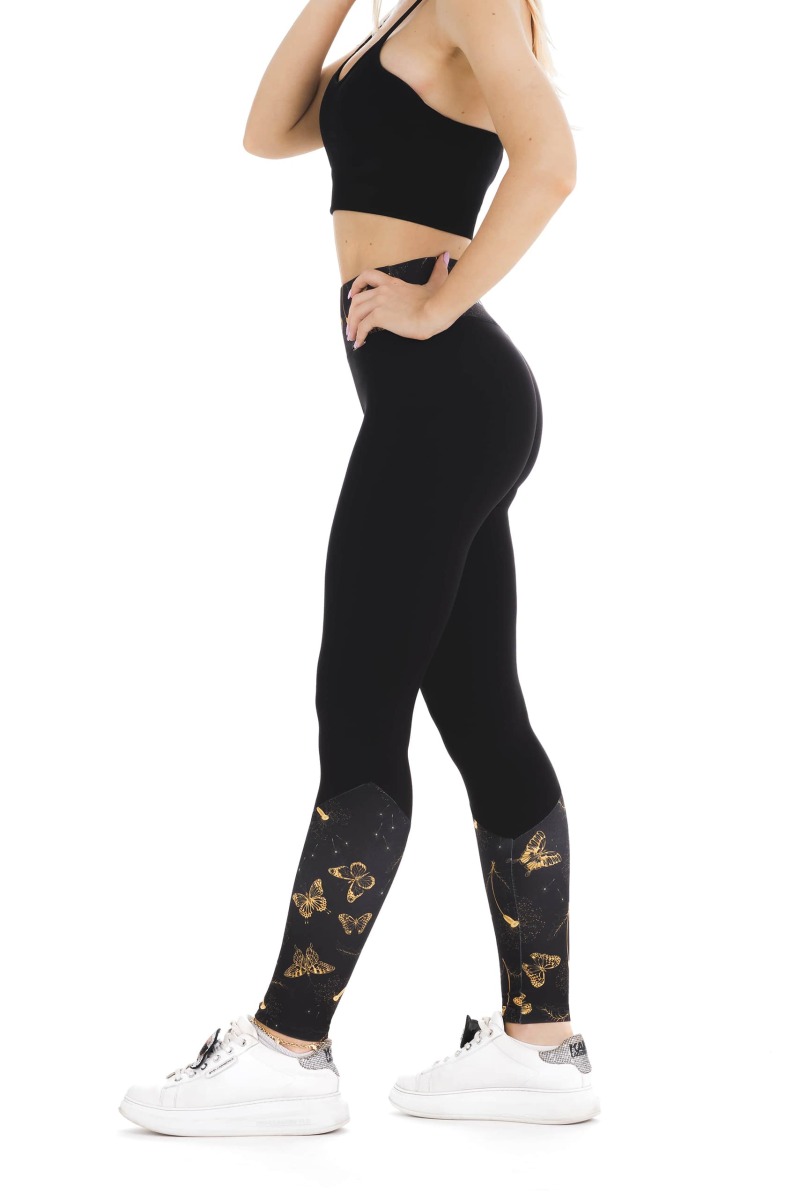 Črne dolge pajkice Pluma z zlatim vzorčkom metuljčkov na dnu hlačnic in na pasu za odrasle