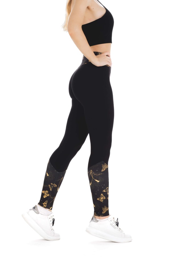 Črne dolge pajkice Pluma z zlatim vzorčkom metuljčkov na dnu hlačnic in na pasu za odrasle Črne dolge pajkice Pluma z zlatim vzorčkom metuljčkov na dnu hlačnic in na pasu za odrasle