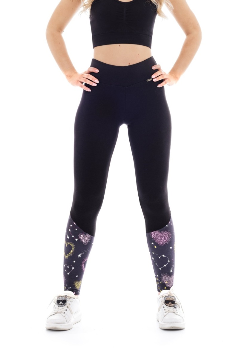 Črne dolge pajkice Sweetheart z vzorčkom srčkov na dnu hlačnic za odrasle