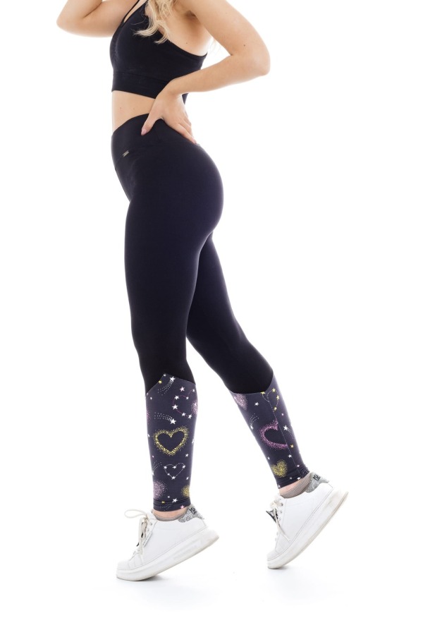 Črne dolge pajkice Sweetheart z vzorčkom srčkov na dnu hlačnic za odrasle