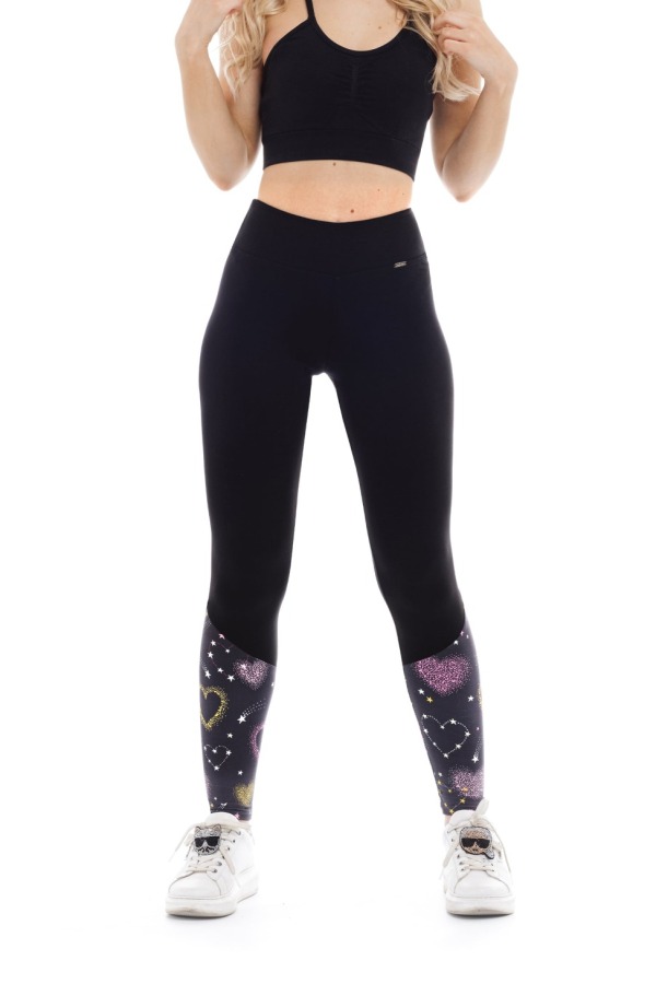 Črne dolge pajkice Sweetheart z vzorčkom srčkov na dnu hlačnic za odrasle