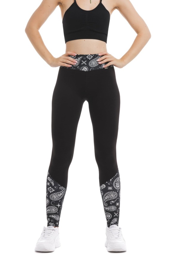Črne dolge pajkice Vivace z visokim pasom in belim paisley vzorcem na dnu hlačnic in na pasu Črne dolge pajkice Vivace z visokim pasom in belim paisley vzorcem na dnu hlačnic in na pasu