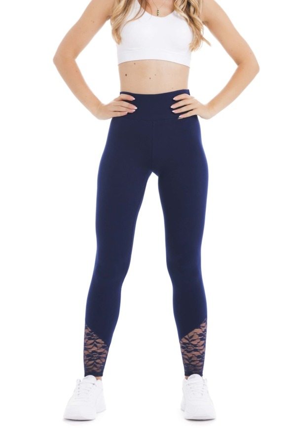 Modre dolge pajkice Alabre s čipko na hlačnicah