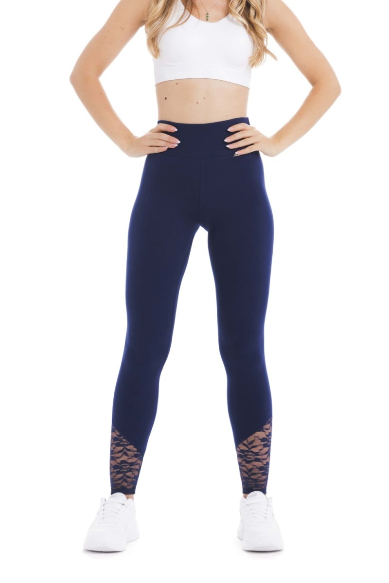 Modre dolge pajkice Alabre s čipko na hlačnicah