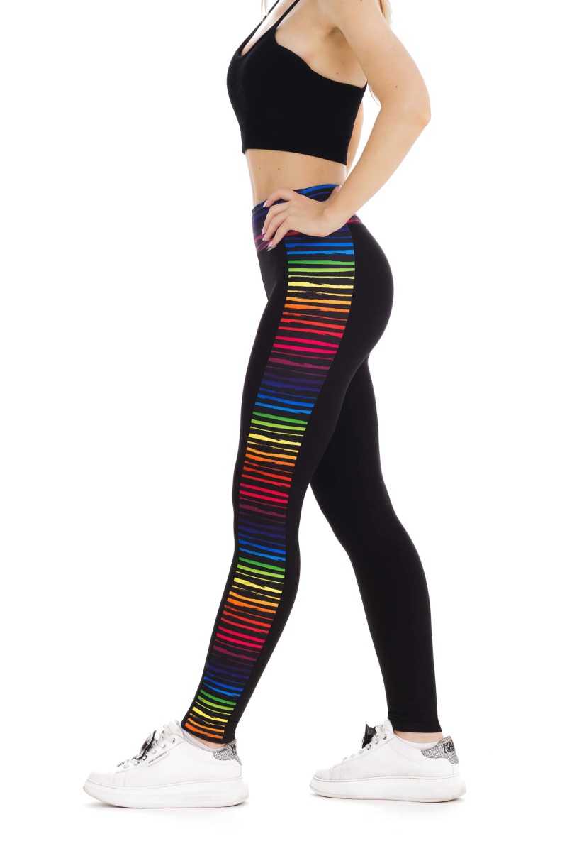 Črne dolge pajkice Belleza z živahnim mavričnim vzorčkom ob strani hlačnic in na pasu