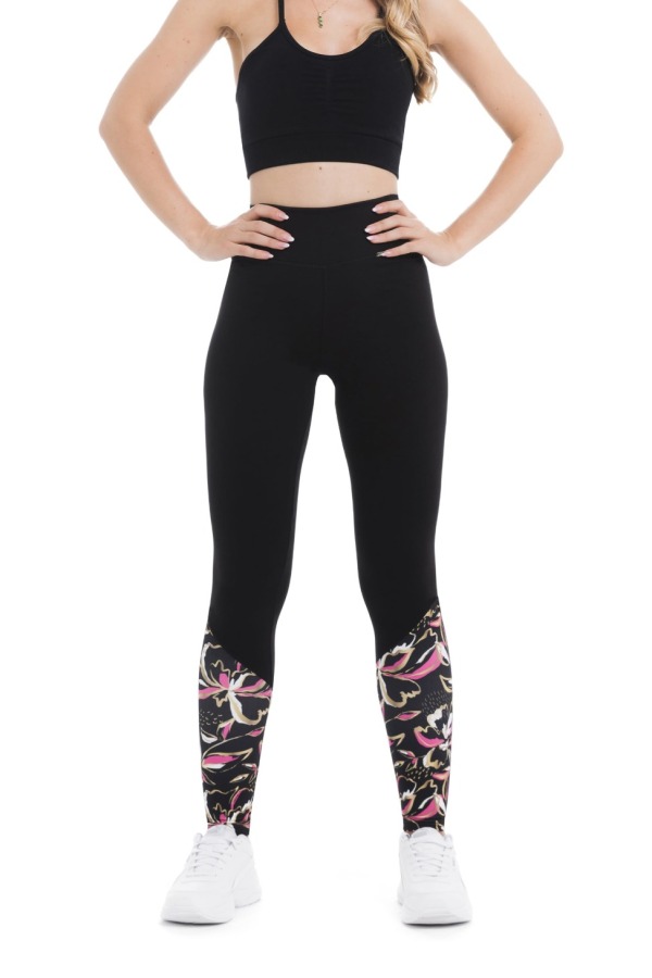 Črne dolge pajkice Brio z zlato-roza vzorcem rož na dnu hlačnic Črne dolge pajkice Brio z zlato-roza vzorcem rož na dnu hlačnic