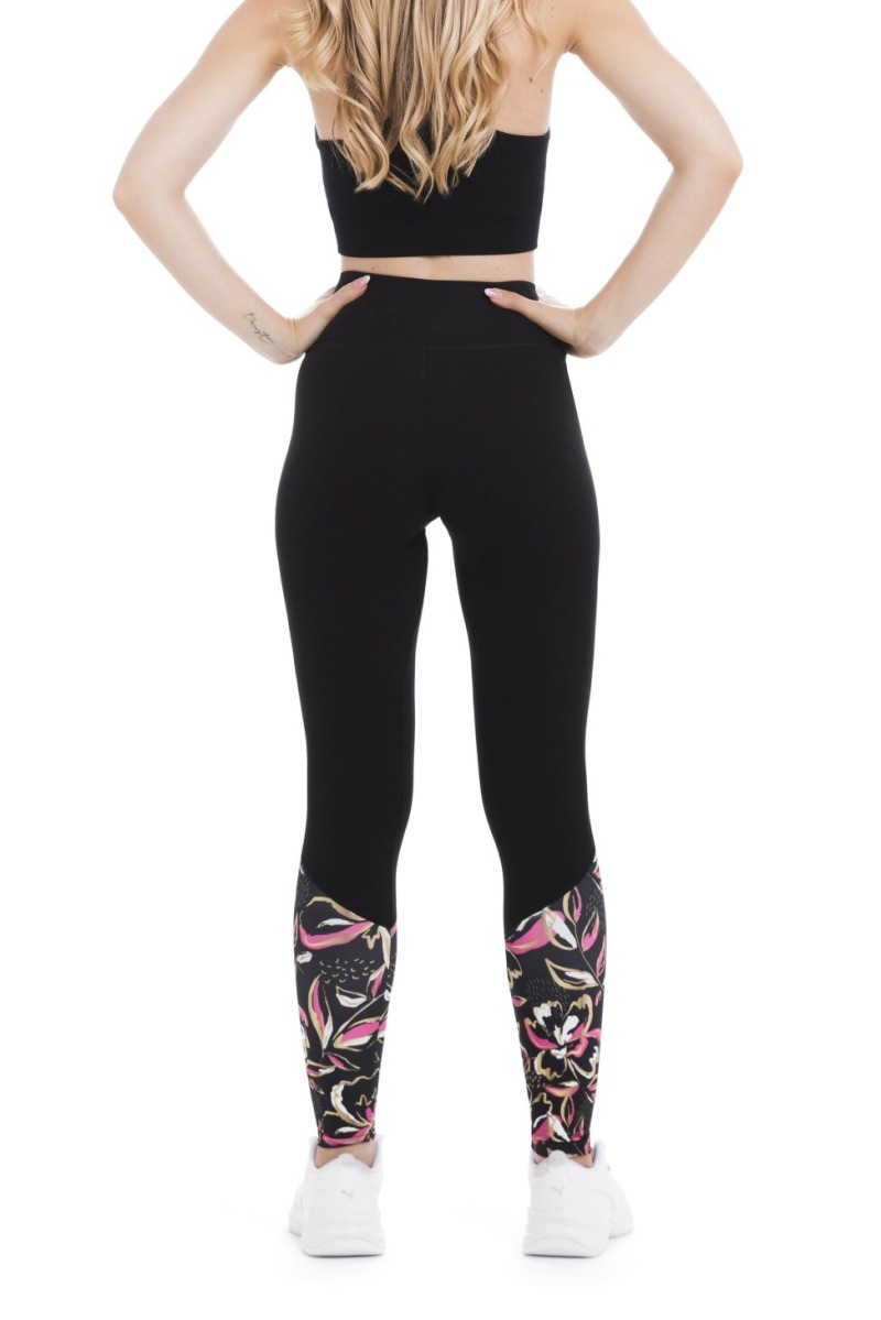 Črne dolge pajkice Brio z zlato-roza vzorcem rož na dnu hlačnic