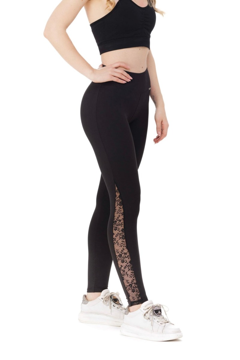 Črne dolge pajkice Encaje s čipko ob straneh hlačnic