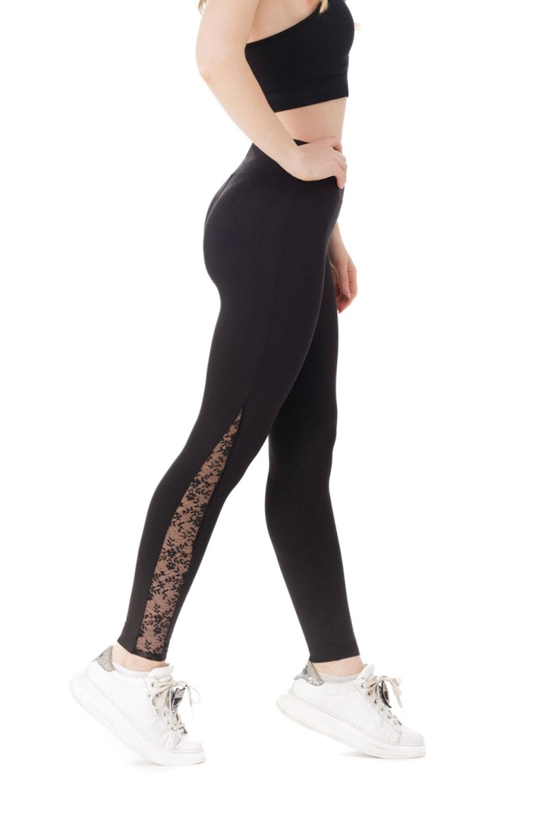 Črne dolge pajkice Encaje s čipko ob straneh hlačnic