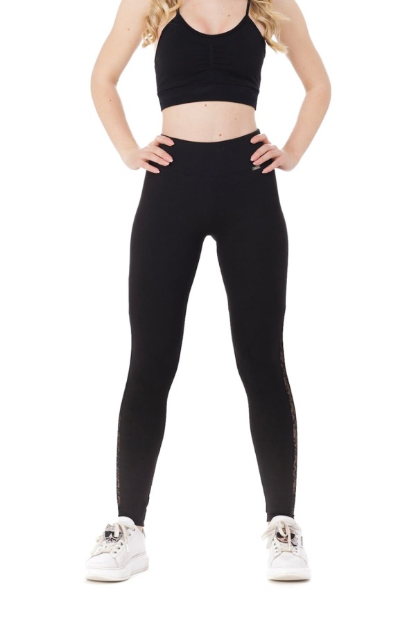 Črne dolge pajkice Encaje s čipko ob straneh hlačnic