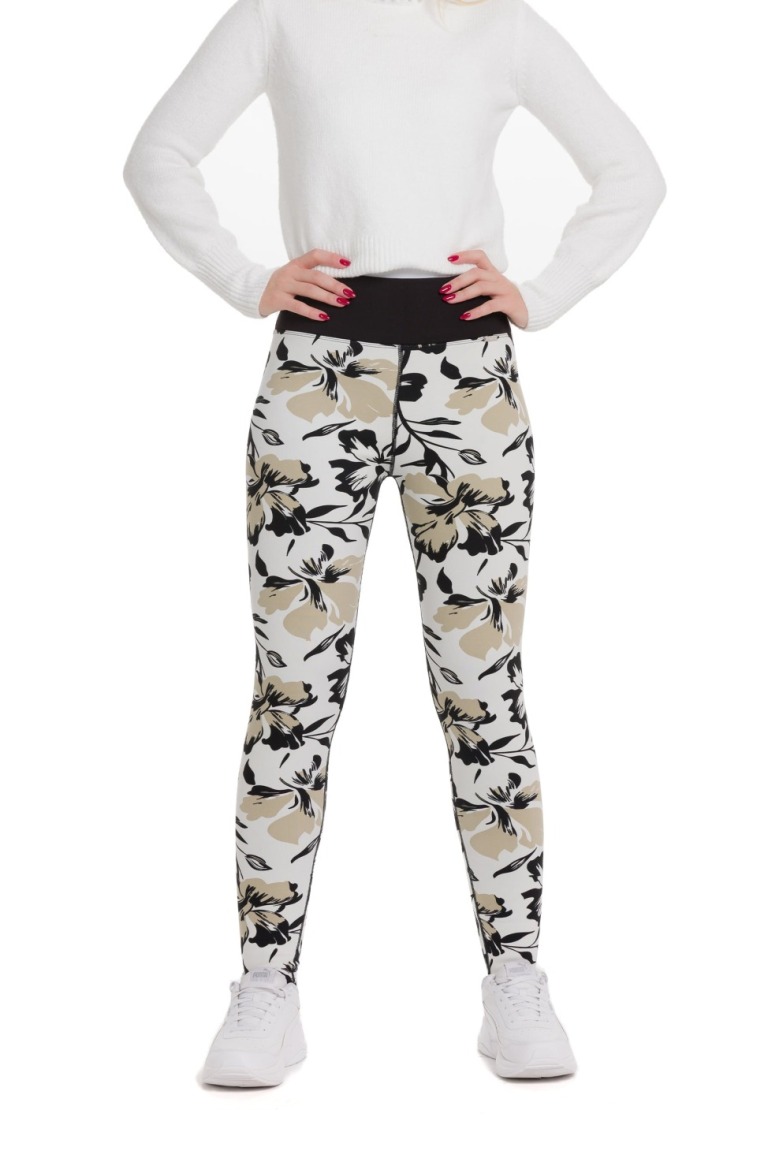 Lanuma ženske podložene thermo pajkice Tova v beli barvi z vzorcem črnih rož in bež listov – elegantne in mehke termo pajkice za zimo.