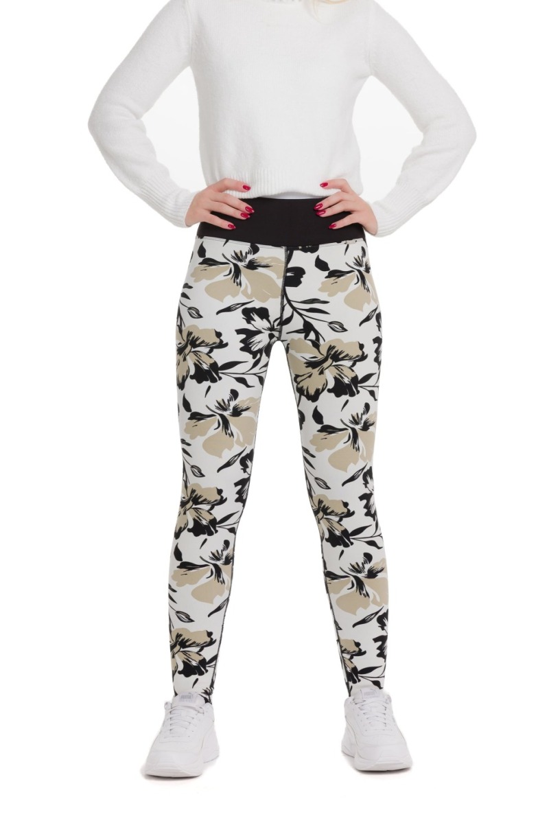 Lanuma ženske podložene thermo pajkice Tova v beli barvi z vzorcem črnih rož in bež listov – elegantne in mehke termo pajkice za zimo.