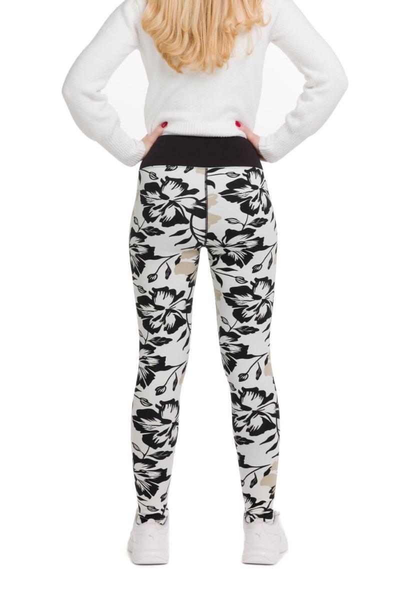 Lanuma ženske podložene thermo pajkice Tova v beli barvi z vzorcem črnih rož in bež listov – elegantne in mehke termo pajkice za zimo.