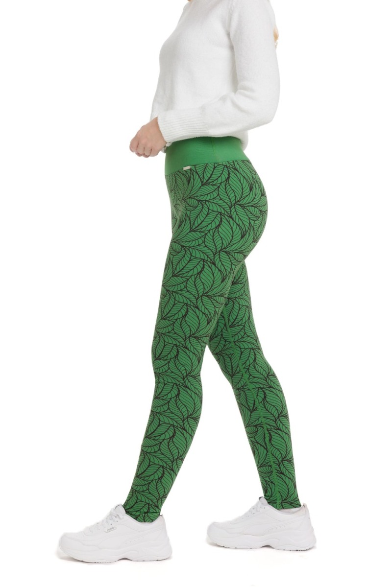 Lanuma ženske thermo pajkice Brynn v zeleni barvi z unikatnim vzorcem in visokim pasom – mehke, udobne in idealne za zimski čas.