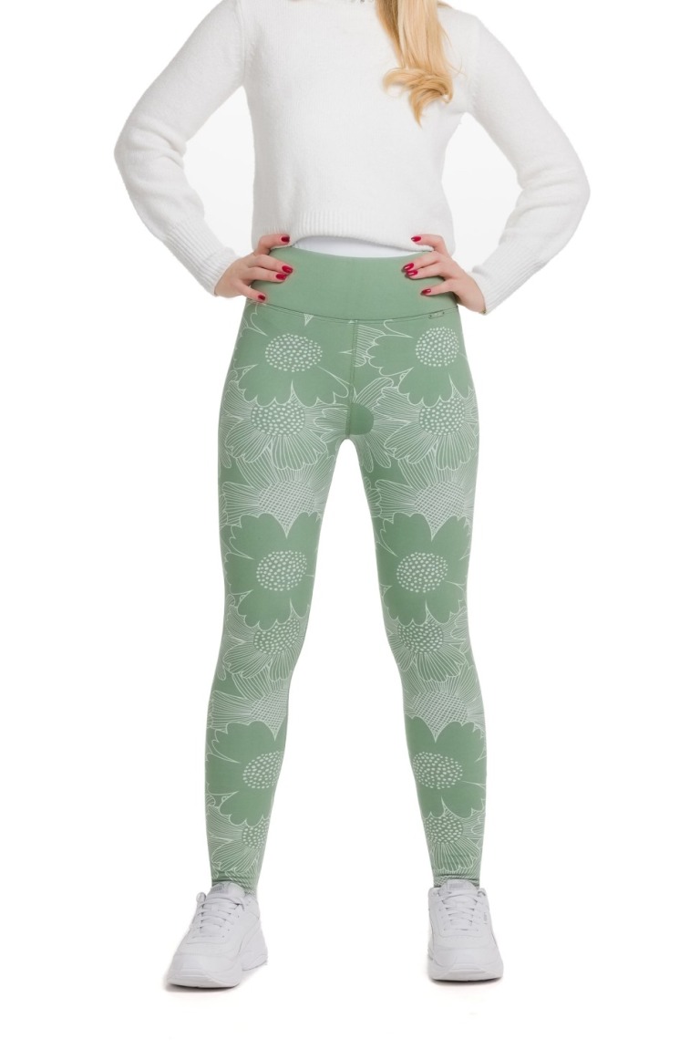 Lanuma ženske podložene thermo pajkice Isola v nežno zeleni barvi s cvetličnim vzorcem in visokim pasom – popolna izbira za hladne dni.
