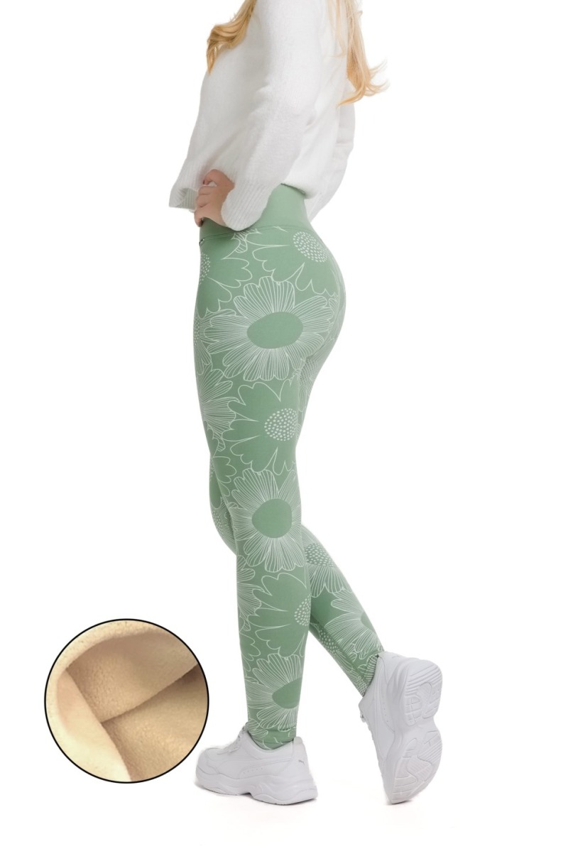 Lanuma ženske podložene thermo pajkice Isola v nežno zeleni barvi s cvetličnim vzorcem in visokim pasom – popolna izbira za hladne dni.