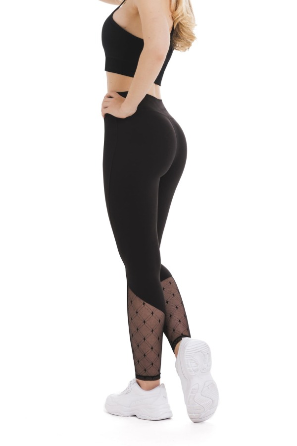 Črne dolge pajkice Cancion s prosojnimi čipkastimi všitki v karo vzorcu po dolžini hlačnic Črne dolge pajkice Cancion s prosojnimi čipkastimi všitki v karo vzorcu po dolžini hlačnic